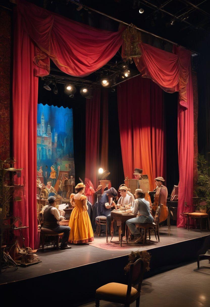 A vibrant backstage scene with actors preparing for a performance, set designers working on detailed props, and musicians tuning their instruments. The curtain is slightly open, hinting at an excited audience outside. The atmosphere should be bustling with creativity and anticipation. Include spotlights and stage elements. painting. vibrant colors.