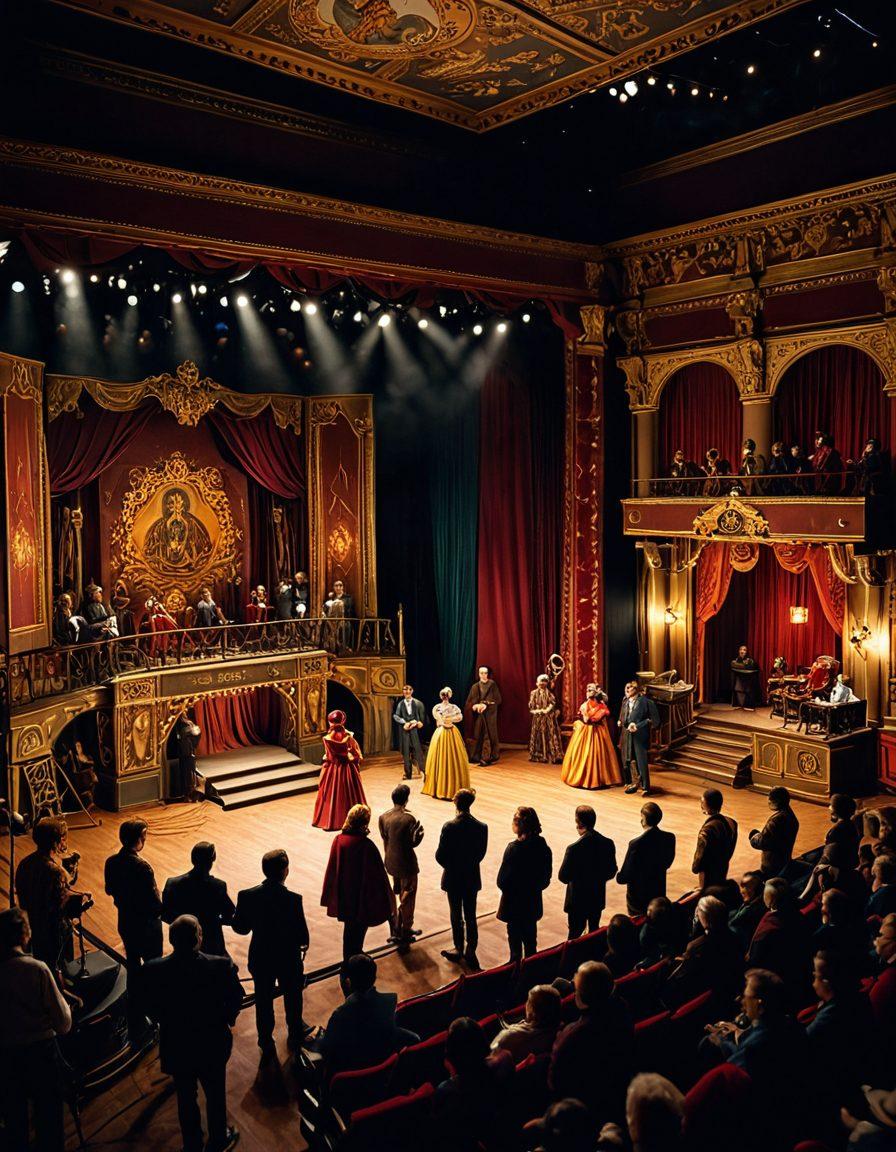 A dimly lit stage with half-drawn curtains revealing a bustling film set on one side and a vintage theater scene on the other. Directors, cameramen, and actors engaged in animated discussions, while intricate set pieces and elaborate costumes lie scattered around. An aura of creativity and chaos pervades the scene. super-realistic. vibrant colors. artistic lighting.
