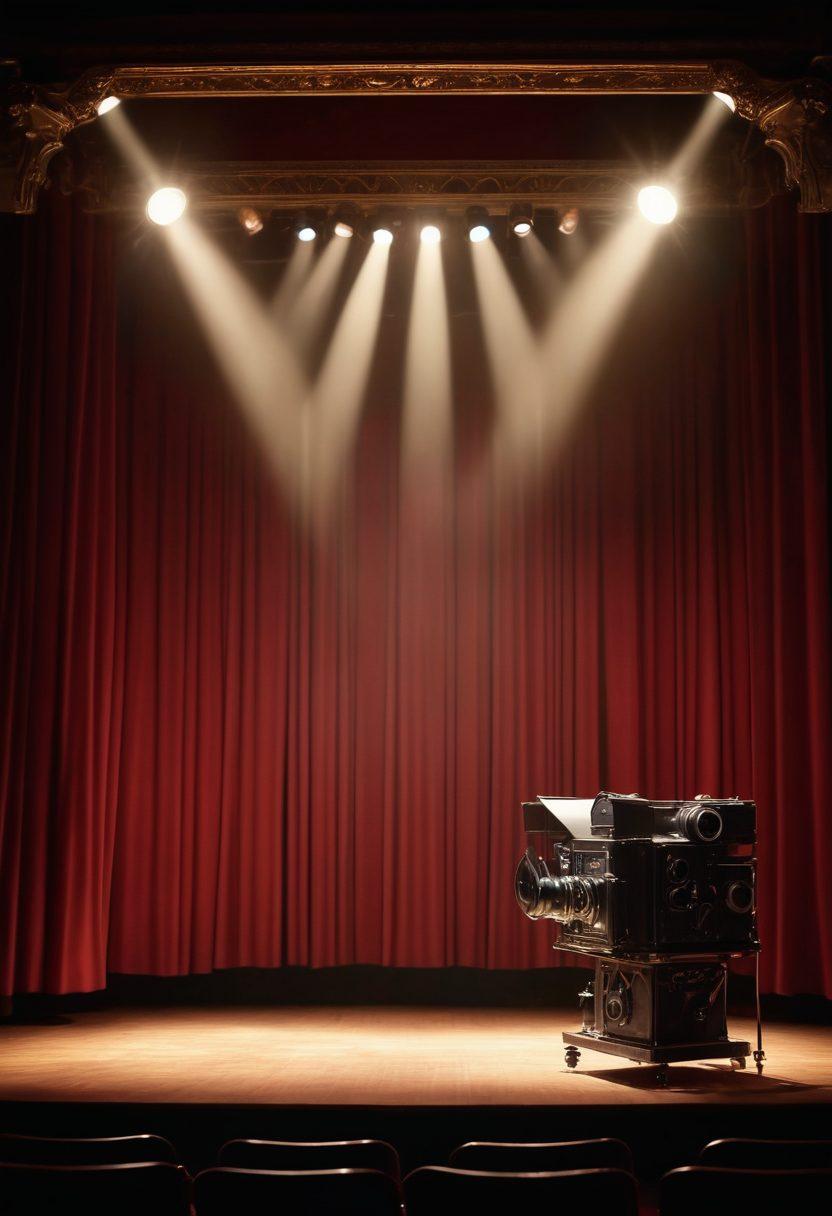 A dynamic image showcasing a theater script transforming into a luminous spotlight on a grand stage, with actors rehearsing on one side and a camera crew filming a scene on the other. Include dramatic stage lights, a vintage film camera, and detailed script pages. super-realistic. vibrant colors. cinematic feel.